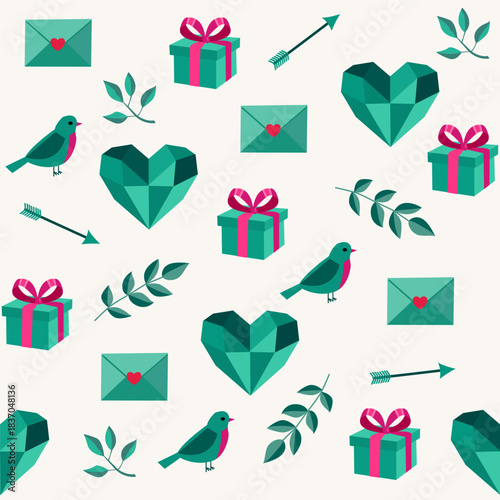 Teal and Mint Seamless Pattern with Hearts Gifts and Birds