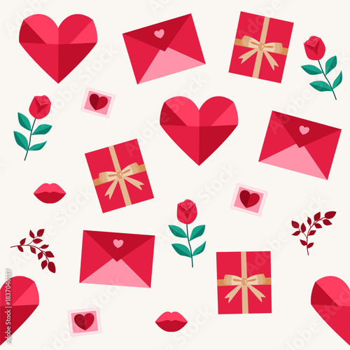 Red Valentine Seamless Pattern with Hearts Gifts and Roses