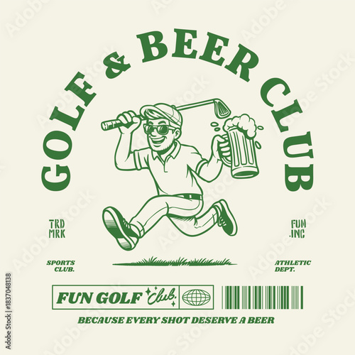 Retro logo vector illustration golf beer golfer golfing sports recreation park. Retro outdoor apparel design supply gear