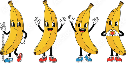 Cute banana cartoon character illustration set with playful expressions and funny poses isolated on white background