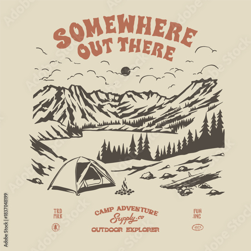 Camping vintage logo illustration campfire adventure mountain lake landscape nature national park. Retro outdoor apparel design 