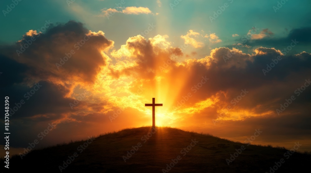 Fototapeta premium Peaceful Hilltop Cross with Soft Backlight Glow