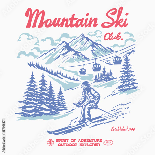 Mountain Ski retro logo illustration skier adventure ski on mountain snow nature national park. Vintage outdoor apparel design