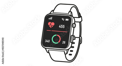 Minimalist line art illustration of a smartwatch displaying health monitoring data ideal for digital wellness and fitness technology concepts isolated on white background