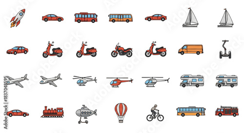 Pixel Art Transportation Icons Set Rocket Car Bus Scooter Motorcycle Sailboat for Web Design Projects