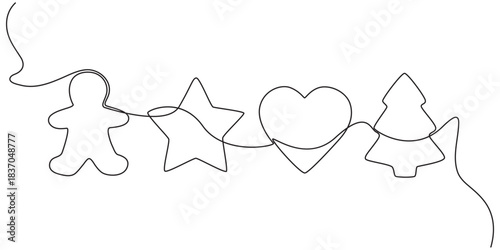 continuous one line drawing Four festive christmas cookie cutter shapes silhouette 