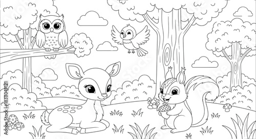Cute Forest Animals Coloring Page for Kids Activities Birthday Party Invitations Woodland Theme