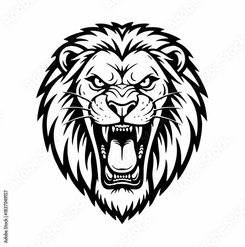 Aggressive roaring lion head mascot illustration in black and white, showcasing a fierce expression and sharp teeth, perfect for sports teams or brand logos.