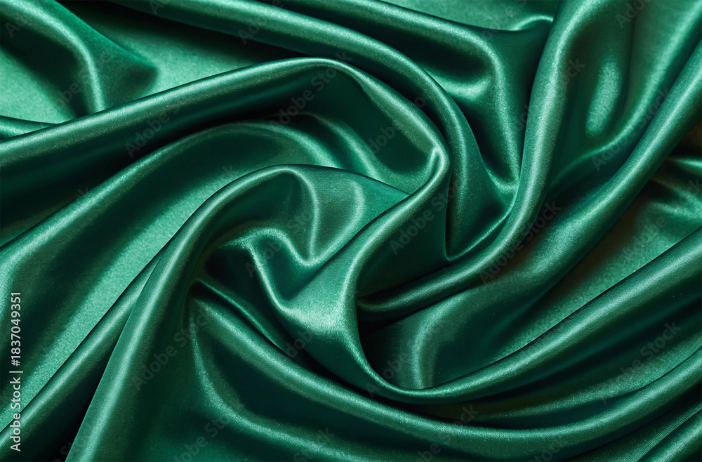 Fototapeta premium Emerald green satin fabric, draped and folded, creating elegant waves and smooth reflections, highlighting its luxurious texture and rich color