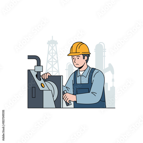 Male worker in hard hat operating machinery at industrial plant.