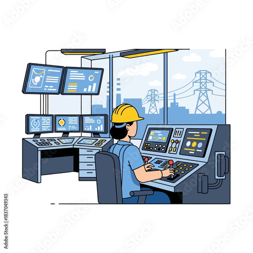 Female Engineer Operating Control Panel in Power Plant Control Room.