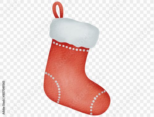 Watercolor red Christmas stocking festive winter holiday decoration illustration. Vector.
