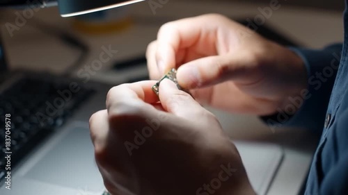 Close up of hands working on small electronic component under light