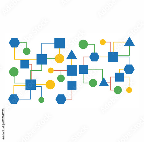 Abstract network diagram illustrating interconnected geometric shapes and data flow pathways.