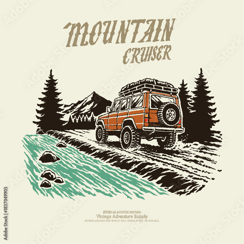 Retro apparel illustration offroad 4x4 old car adventure mountain river mud track. Vintage clothing design outdoor nature