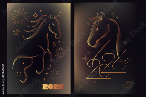 Happy Chinese New Year card. Concept in metallic shiny gold, beige, dark blue shades. Line horses silhouettes in vibrant gradient.
Hieroglyphics mean wishes of a Happy New Year and symbol of horse.