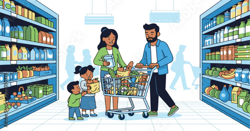 Young man shopping for groceries with a cart in a busy supermarket