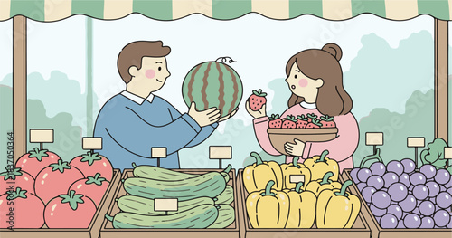 Cartoon illustration vector drawing of a young family couple and children in the kitchen room