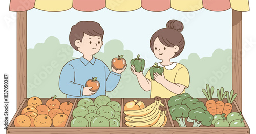 Happy cartoon family of mother, father, son, and daughter cooking a healthy vegetable dinner together in the kitchen
