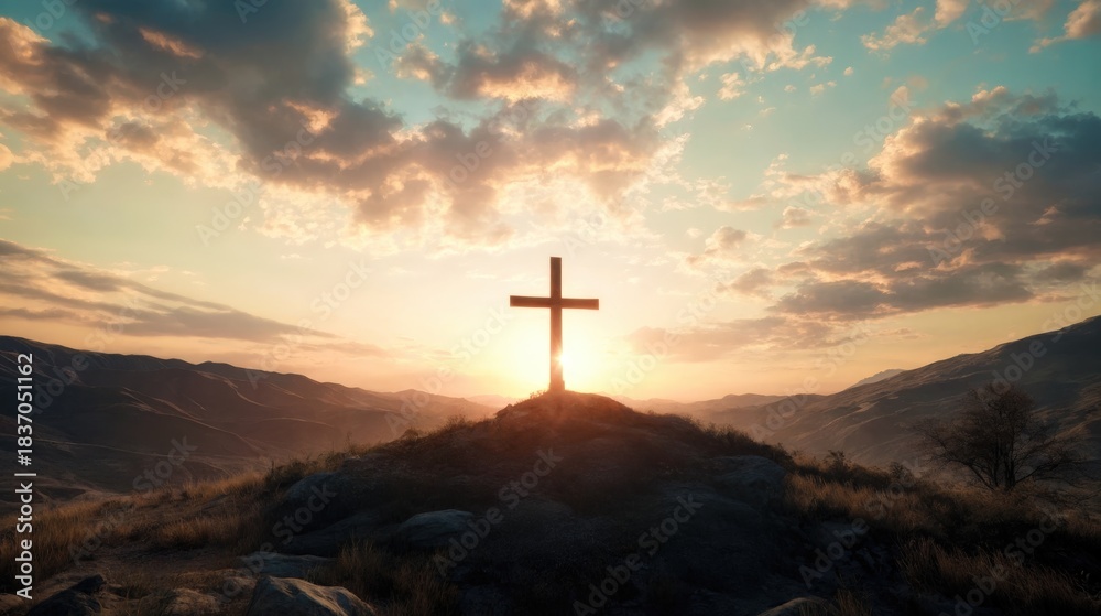Fototapeta premium Sacred Hill Cross Bathed in Bright Heavenly Glow