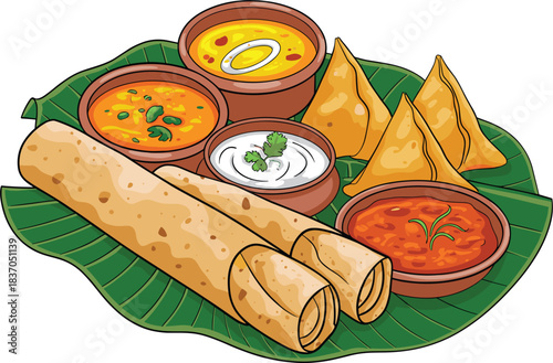 Colorful vector illustration of an Indian food platter: samosas, curries, roti, and yogurt on a banana leaf, symbolizing South Asian cuisine