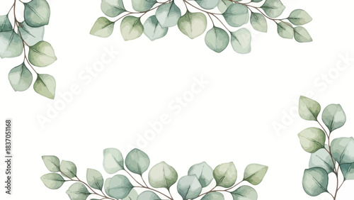 Soft watercolor eucalyptus branches create a natural, organic border on a white background.