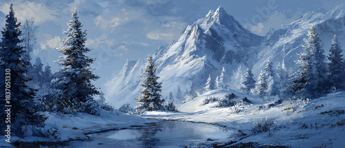 Serene winter landscape painting with snow covered mountains and pine trees