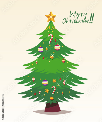 Cute Christmas tree design with ornaments and star topper on a soft pastel background. Design Illustration