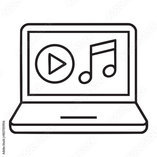 Laptop with media player and note line icon, computer multimedia outline symbol, vector