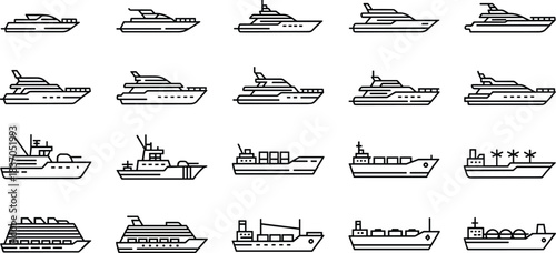 Collection of modern yacht, cruise ship, cargo vessel, and marine transport line icons for nautical illustration, maritime design, logistics graphics, and ocean projects