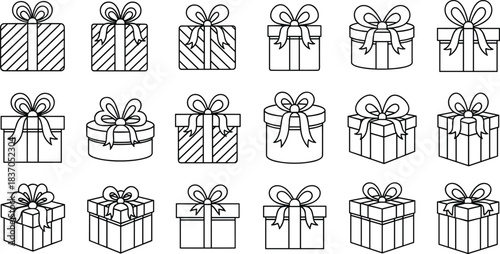 Elegant collection of outlined gift box icons with bows, ribbons, celebration elements, present symbols, holiday packaging designs for festive decoration themes