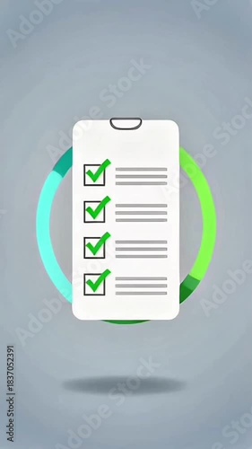 3D animation of a clipboard checklist being completed with green checkmarks, surrounded by a loading progress circle. Concept of task management and productivity
