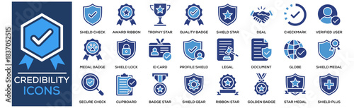 Credibility Icon Collection Set. Containing Design Verified Badge, Shield Check, Award Ribbon, Trophy Star, Quality Badge