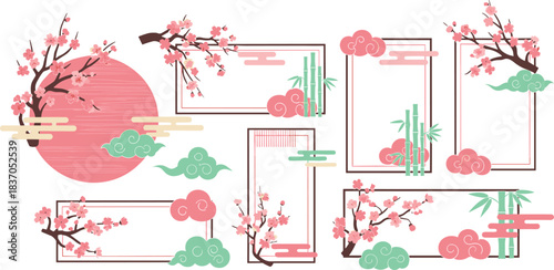 Green and Brown Bamboo Heart Frames with Fresh Leaves, Asian Eco-Friendly Nature Love Border, Sustainable Wellness and Growth Vector Graphic Decoration, Tropical Design Element.