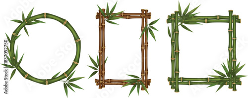 Set of Realistic Bamboo Frames, Green Circle, Brown Rectangle, and Square Borders, Natural Tropical Wood Template, Eco-Friendly Asian Design Element Vector Illustration for Decoration.