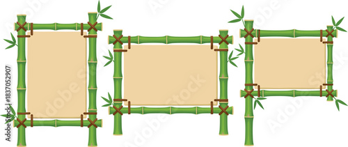 Set of Green Bamboo Pole Frames with Paper Banners, Tropical Wood Signs Tied with Twine, Natural Asian Decoration Template, Sustainable Eco-Friendly Background Vector Illustration.