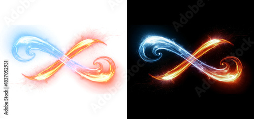 fiery blue and red energy infinity symbol with glowing swirling light trails