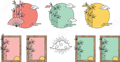 Set of Asian Stylized Bamboo Frames and Circles, Oriental Fan, Cloud, and Sun Design Elements, Traditional Template for Cultural Invitations, Postcards, and Greeting Cards.