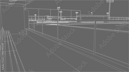 Technical wireframe blueprint view from the dugout of a baseball field showing benches, fencing, and stadium structure in architectural planning style