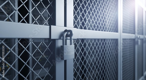 Server rack security cage locked with padlock in data center representing cybersecurity access control physical protection and digital safety measures