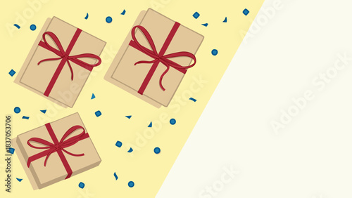 Three brown gift boxes with red bows lie diagonally across a yellow-to-white background, surrounded by scattered blue confetti.