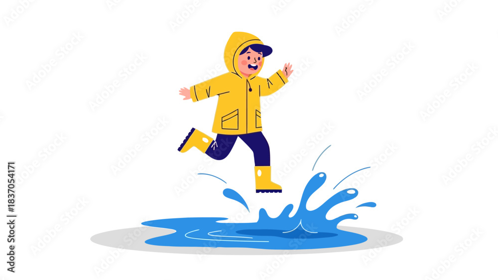 Obraz premium Child in yellow raincoat jumping in a puddle