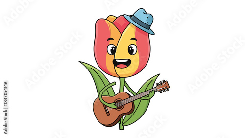 Cartoon tulip wearing a hat and playing a guitar