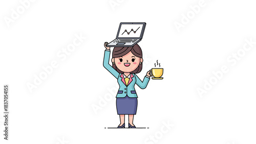 Cartoon woman in business attire holding a laptop and a coffee cup