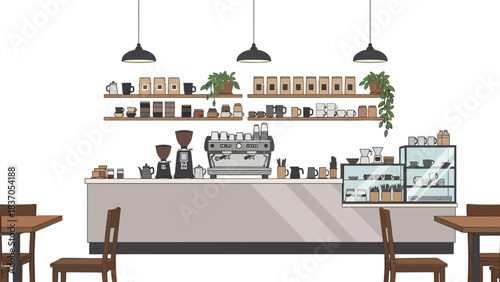 Coffee shop interior with espresso machine grinders shelves and seating