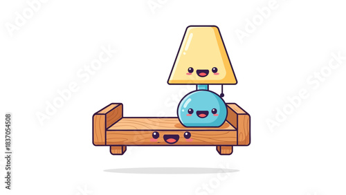 Cute lamp and shelf characters with happy faces