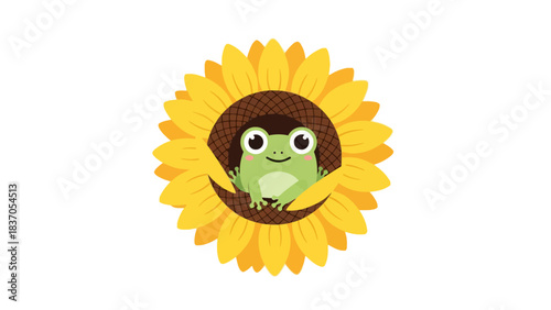 Cute frog peeking out of a sunflower
