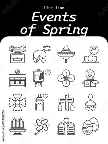 Events of Spring thin line icon set. Seasonal festivals, nature celebrations outline icons.