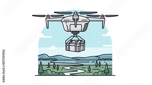 Drone delivering a package over a river and hills