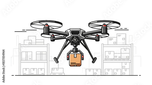 Drone delivering package above warehouse shelves with boxes